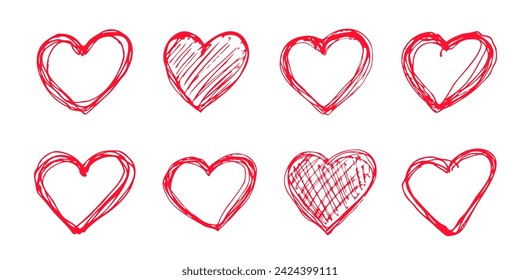 Hand drawn hearts set romantic decoration for Valentine Day.Symbol of love,relationships and romance for holiday February 14. Children's drawing,doodle freehand decoration.Isolated.Vector ilustration