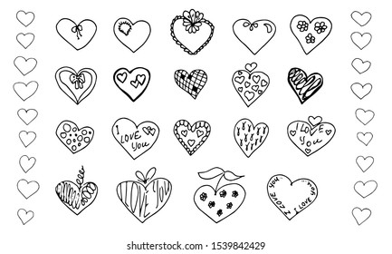 Hand drawn hearts set. Unique love doodle signs collection