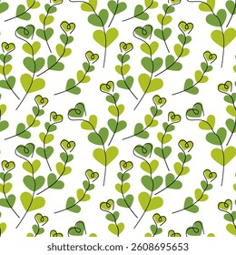 Hand drawn Hearts shape branches Monochrome green Seamless Pattern Springtime or St Patrick Backdrop