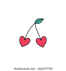 Hand drawn hearts in shape of cherries flat vector icon isolated on a white background.