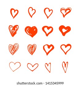 Hand drawn hearts shape set isolated on white background. Vector illustration.