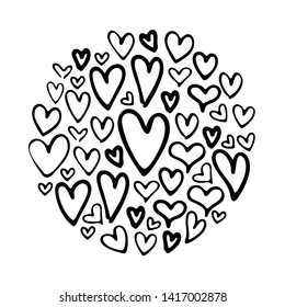 Hand drawn hearts shaped in circle. Cute vector card template