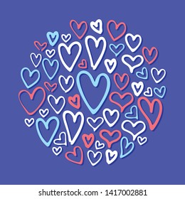 Hand drawn hearts shaped in circle. Cute vector card template
