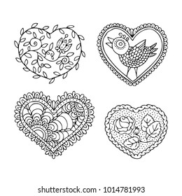 Hand drawn hearts. Sketch for anti-stress adult coloring book. Set of heart icons. Vector illustration for design of a stickies, t-shirt, bag, cup.