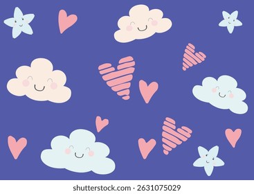 Hand drawn hearts, smiling clouds, smiling blue stars, purple-blue sky. Seamless pattern vector.