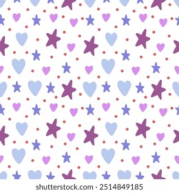 Hand drawn hearts and stars seamless pattern. Cute illustration.  Backdrop heart pattern.