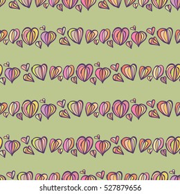 Hand drawn hearts, stripes of different sizes.Vector seamless pattern.