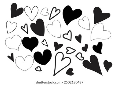 Hand drawn hearts. Stroke and silhouettes of hearts. Set of hearts of different shapes