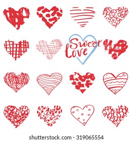 Hand drawn hearts symbols and lettering for Valentines day. Sketched doodle elements for wedding invitations, scrapbook, cards, posters. gift wraps.