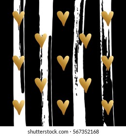 Hand drawn hearts symbols pattern. Creative card template for romantic greetings with brush stroke background. Gold and black colors. Vector illustration.