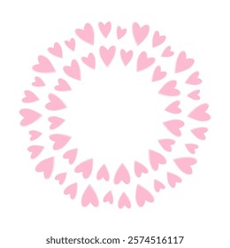 Hand drawn hearts in trendy soft pink Circular Frame border St Valentines Day. Copy space Template