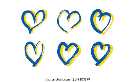 Hand drawn hearts in Ukrainian colors. Set of six grunge yellow and blue doodle hearts on white background. Vector illustration