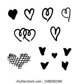 Hand drawn Hearts. Valentine's Day, 
wedding day. Black hearts doodle. Vector set.