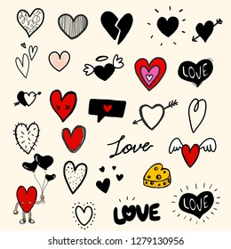 Hand drawn hearts. Vector graphic set.