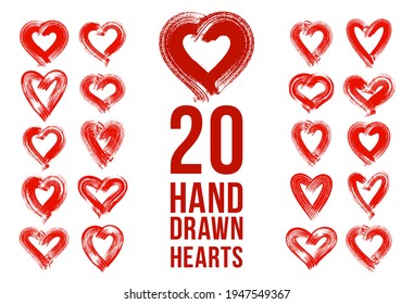 Hand drawn hearts vector logos or icons set, sketch doodle graphic design elements, brush stroke painted hearts symbols collection,