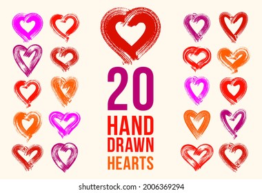 Hand drawn hearts vector logos or icons set, sketch doodle graphic design elements, brush stroke painted hearts symbols collection,