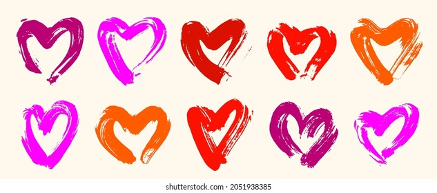 Hand drawn hearts vector logos or icons set, sketch doodle graphic design elements, brush stroke painted hearts symbols collection,