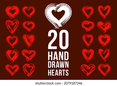 Hand drawn hearts vector logos or icons set, sketch doodle graphic design elements, brush stroke painted hearts symbols collection,