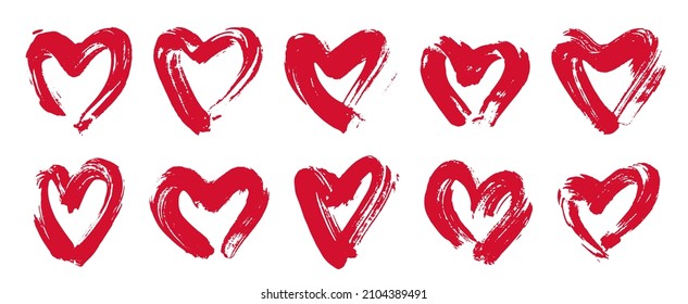 Hand drawn hearts vector logos or icons set, sketch doodle graphic design elements, brush stroke painted hearts symbols collection,