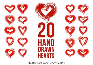 Hand drawn hearts vector logos or icons set, brush stroke painted hearts symbols collection, sketch doodle graphic design elements.