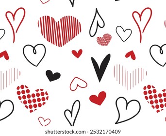 Patrón de Vector de corazones dibujados a mano. Amor o diseño romántico. Papel de embalaje