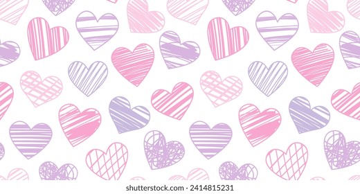 Hand drawn hearts vector repeat pattern white and purple valentine day background design