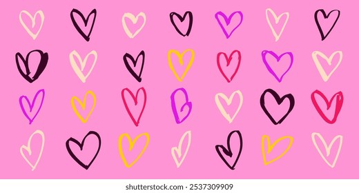 Hand Drawn Hearts in Vibrant Colors on a Pink Background. Playful and colorful heart design for love-themed projects