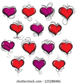 Hand drawn hearts with vintage patterns on a white background