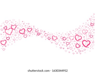 Hand drawn hearts wave abstract background. Heart shaped confetti stream background.
