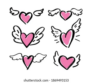 Hand drawn Hearts with wings on a white background. Set. Vector.