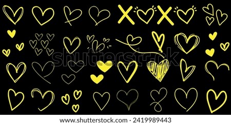 Hand drawn hearts, yellow heart icon , white outlines, dark background. Perfect for Valentine’s Day, love, romance, expressing affection, emotion in visual content