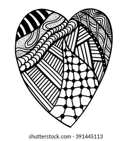 Hand drawn hearts in zentangle style. Pattern for coloring book. Made by trace from sketch. Valentine's day background.