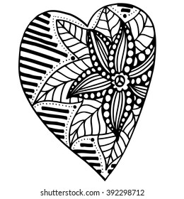 Hand drawn hearts in zentangle style. Pattern for coloring book. Made by trace from sketch. Valentine's day background.