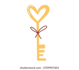 Hand drawn heart-shaped key with a cute bow in a minimal romantic style. Perfect for Valentine’s Day stickers, cards, posters and love-themed designs.