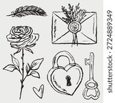 Hand drawn heart-shaped padlock with key, rose flower and letter with floral decorations. Romantic lovely retro drawings. Vector sketch illustration in vintage crayon charcoal style