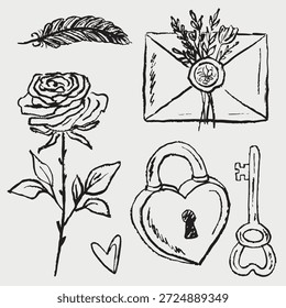 Candado dibujado a mano en forma de corazón con llave, flor de rosa y letra con decoraciones florales. Dibujos retro románticos y encantadores. Ilustración de boceto de Vector en estilo vintage de carbón de crayón