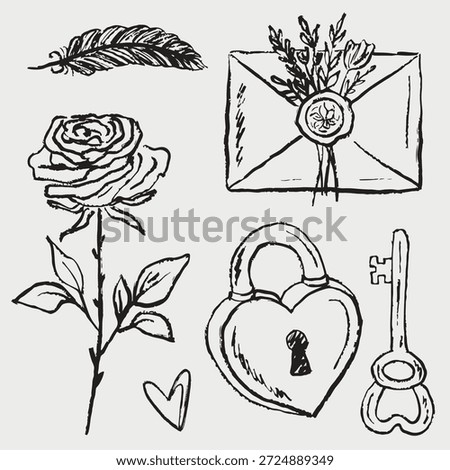 Hand drawn heart-shaped padlock with key, rose flower and letter with floral decorations. Romantic lovely retro drawings. Vector sketch illustration in vintage crayon charcoal style