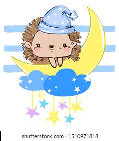 Hand drawn hedgehog in a cap sits on the moon against the sky with stars. Childish print for pajamas.