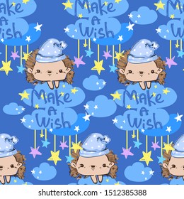 Hand drawn hedgehog in a cap sits on the moon against the sky with stars pattern seamless. Design print for sleepwear textile.