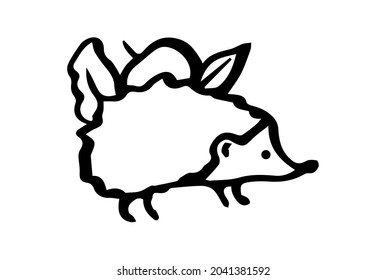 Hand drawn Hedgehog linear style isolated on white background. Black and white linear animal with apple and leaves. Vector illustration.