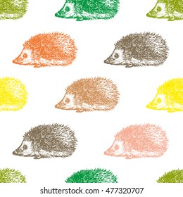 Hand drawn hedgehog seamless pattern design. Vector illustration.