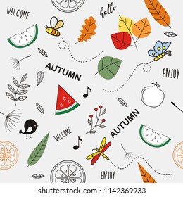 Hand drawn of Hello Autumn, Seamless autumn pattern.