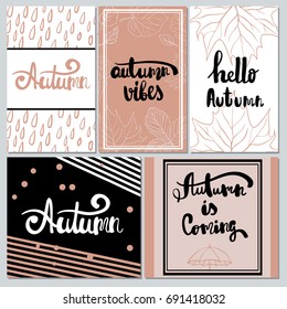 Hand drawn hello Autumn. autumn vibes. Autumn is coming. Collection of autumn  other typography flyer template with lettering bright fall leaves