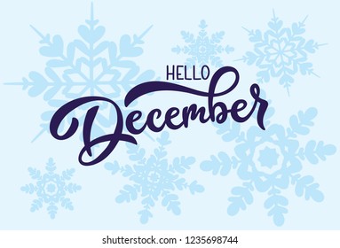 Hand drawn Hello December lettering typography. Modern calligraphy. Vector illustration  with snowflakes for poster, postcard, card, invitation template. Concept december advertising.