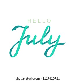 Hand drawn Hello July typography lettering poster, bright design background. Summer time vector illustration with summer day elements, isolated.