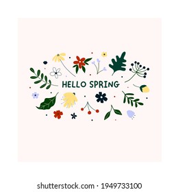 Handgezeichnet hallo Frühlingsblumen und Blätter einzeln auf weißem Hintergrund. Cute hygge skandinavischen Stil Vorlage für Postkarte, Grußkarte, T Shirt Design. Vektorgrafik im Flachbildkarikaturstil