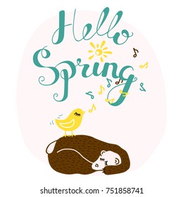 Hand drawn Hello Spring lettering sign, bright cute singing bird and sleeping bear. Spring season card design 