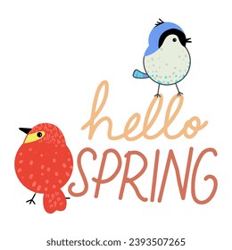Hand drawn of hello spring text writing, vector illustration art.
