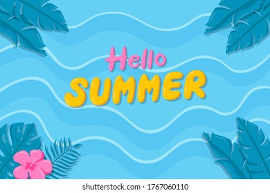 Hand drawn hello summer background. Summer background with tropical leaves and flowers on the beach.