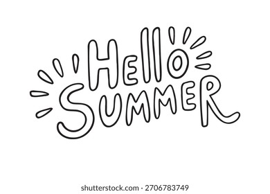 Dibujado a mano Hello Summer letras de contorno negro con garabatos de explosión de sol sobre fondo blanco tipografía de contorno. Ilustración vectorial